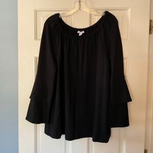J. Jill Ponte Knit Top Black Flare Sleeve Gathered Neck XL Capsule Minimalist